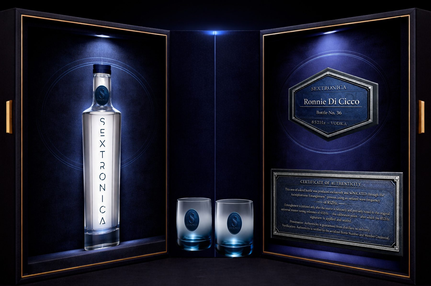The Blu 852 Collector's Edition ARC — bottle, signature glasses, certificate of authenticity